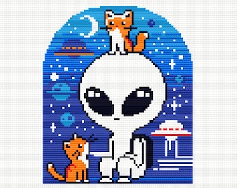 Patrón de punto de cruz de extraterrestres y gatos: Bordado espacial caprichoso (patrón PDF)