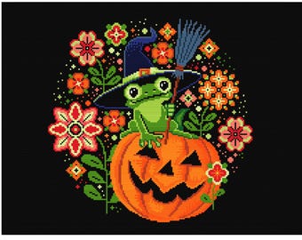 Frog Witch Halloween Cross Stitch Pattern, Funny Embroidery (PDF Pattern)