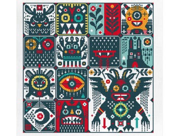 May include: A colorful cross-stitch pattern featuring a variety of whimsical creatures and geometric designs. The pattern is set against a white background and includes a variety of colors, including red, blue, green, yellow, and black.