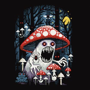 Può includere: Un mostro bianco in stile cartone animato con una bocca spalancata e occhi rossi emerge da un fungo rosso e bianco in un'ambientazione di foresta oscura. Il mostro è circondato da funghi più piccoli e un ragno.