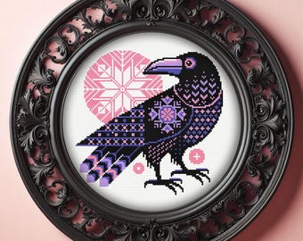 Crow cross stitch pattern, instant download PDF, gothic picture, black bird, modern embroidery scheme for magic lovers, wall decor