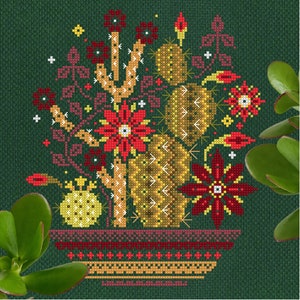 May include: Cross-stitch pattern of a potted cactus plant with red and yellow flowers. The cactus is green and yellow, and the pot is brown with a red and yellow border.