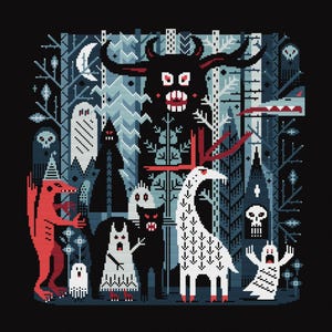 Puede incluir: Una ilustración pixelada de una escena de bosque oscuro con una variedad de criaturas, incluyendo un gran monstruo rojo con cuernos, una criatura blanca con cuello largo y varios fantasmas. La escena se desarrolla sobre un fondo azul oscuro con árboles blancos y azules.