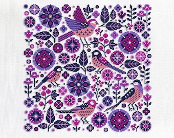 Flowers and Cute Birds Cross Stitch Pattern, Floral Wall Decor, PDF File Instant Download, Modern Embroidery, Wall Decor