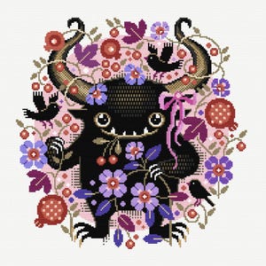May include: A whimsical cross-stitch design featuring a black creature with large horns, surrounded by flowers, leaves, and birds. The creature has a friendly expression and is adorned with a pink bow. The color palette includes black, pink, purple, and red.