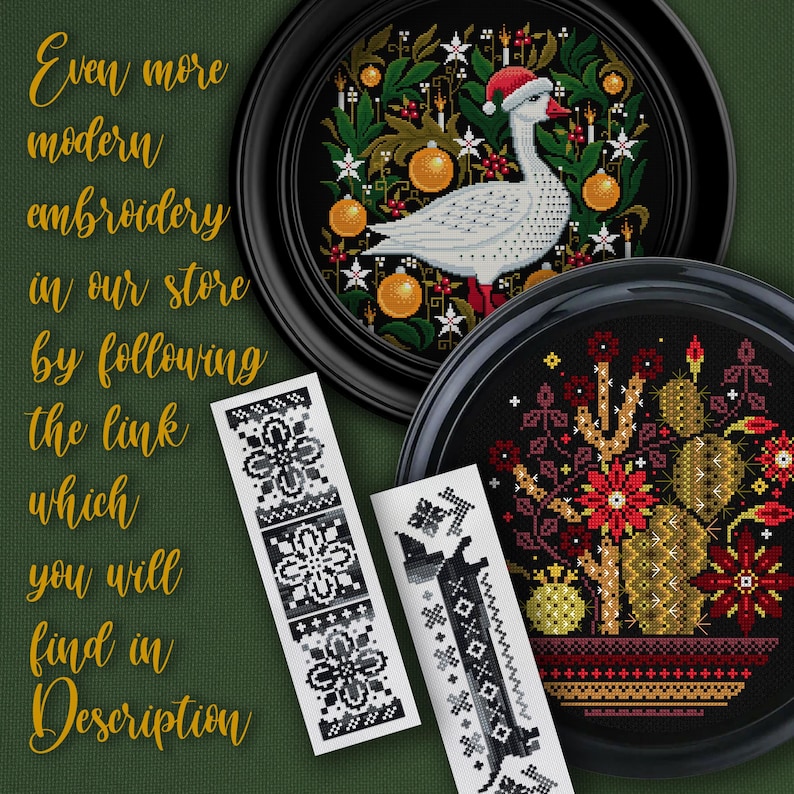 May include: Two black framed embroidery patterns, one with a white goose and the other with a red flower in a pot. Both patterns have a Christmas theme.
