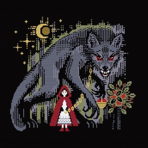 May include: A cross-stitch pattern depicting a dark grey wolf with red eyes and a red hooded girl. The wolf is holding a golden chain and a red apple. The girl is carrying a basket and a lantern. The background is black with stars and a crescent moon.