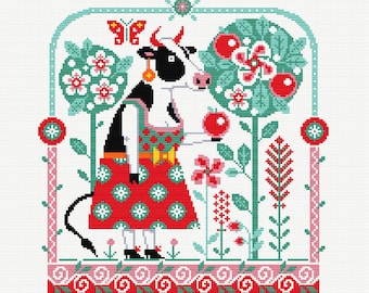 May include: A cross-stitch pattern depicting a cow wearing a red and green polka dot dress and holding a red apple. The cow is standing in a garden with green trees, red flowers, and a butterfly.