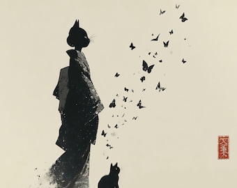 Japanese Cat Art Print: Zen Feline Silhouette in Kimono