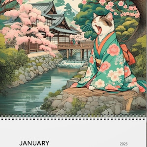 Calendario de pared 2026 de Gatos Zen de Edo, Japón / Arte de kimono de gatitos kawaii