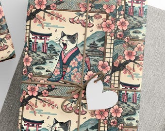 Geisha Kimono Cat Wrapping Paper, Kawaii Animal Gift Wrap