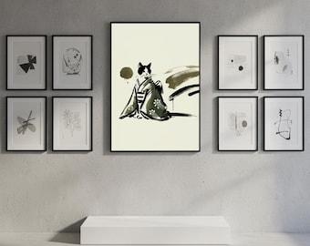 Kimono Cat Art: Watercolor Geisha Cat Print in Ukiyo-e Style