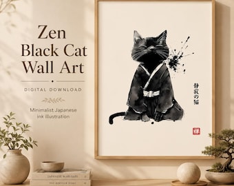 禅猫ウォールアート - 静寂の猫 日本のミニマリスト禅の静寂の装飾