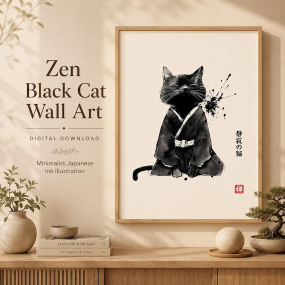 禅猫ウォールアート - 静寂の猫 日本のミニマリスト禅の静寂の装飾