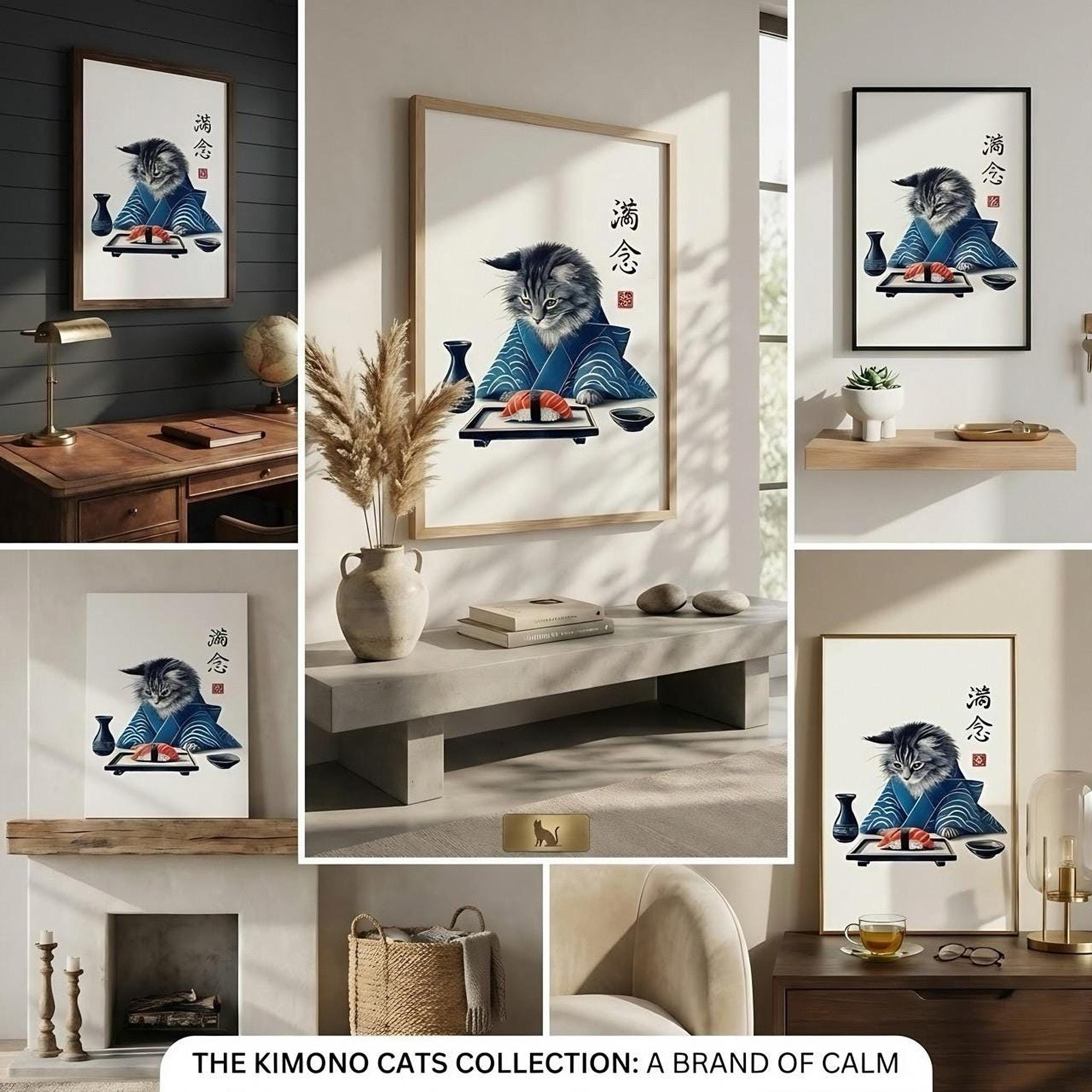 Sushi Cat Print: Kimono Maine Coon Illustration for Wall Art - Etsy