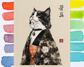Black Cat Kimono Poster: Japanese Ink Wash Art Print