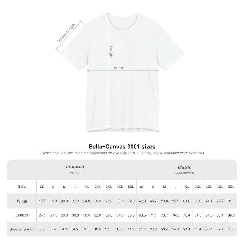 A size chart for t-shirts, showing imperial and metric measurements for width, length, and sleeve length.