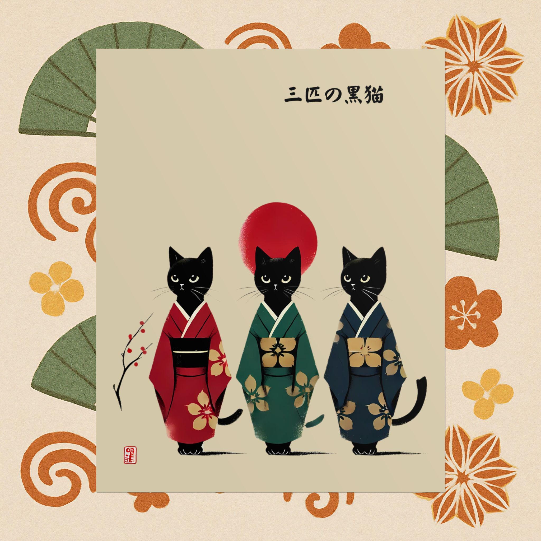 Japanese Sumi-e Cat Print: Three Black Cats in Kimonos - Etsy