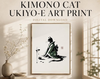 Kimono Cat Art Print, Digital Download of Japanese Geisha Neko