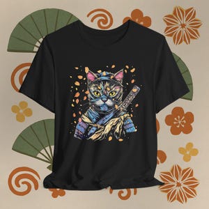 Ninja Samurai Cat Warrior Tee - Unisex Short Sleeve T-Shirt, Fierce Black Armor Cat Shirt, Katana & Sakura Petals, Gift for Cat Lovers