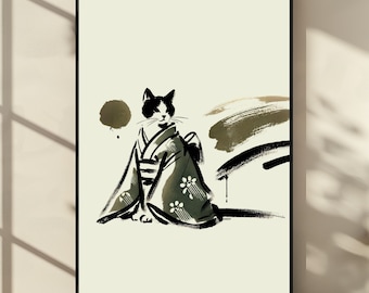 Kimono Cat Watercolor Print: Ukiyo-e Japanese Art (Digital Download)