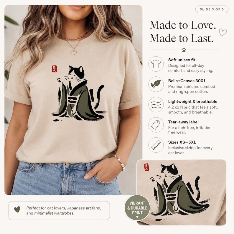 Sumi e Cat Shirt: Unisex Japanese Art Tee with Kimono Design image 4