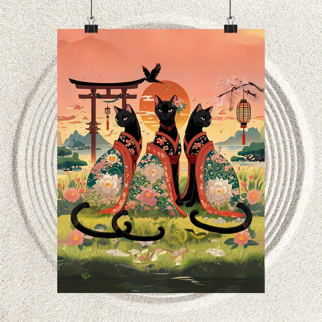Cat Art Print Ghibli Inspired Japanese Wall Art, Vintage Wall Poster ...
