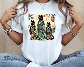 Japanese Kimono Cat T-Shirt, Kawaii Black Kitty Design Tee