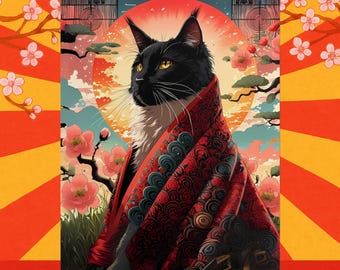 黒猫着物アートプリント - 日本のヴィンテージポスター - Etsy 日本