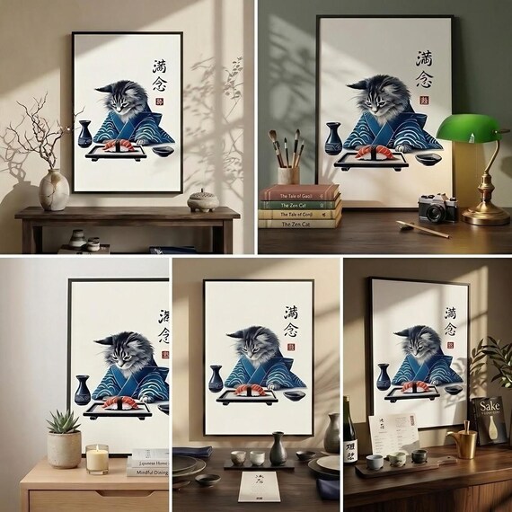 Sushi Cat Print: Kimono Maine Coon Illustration for Wall Art - Etsy