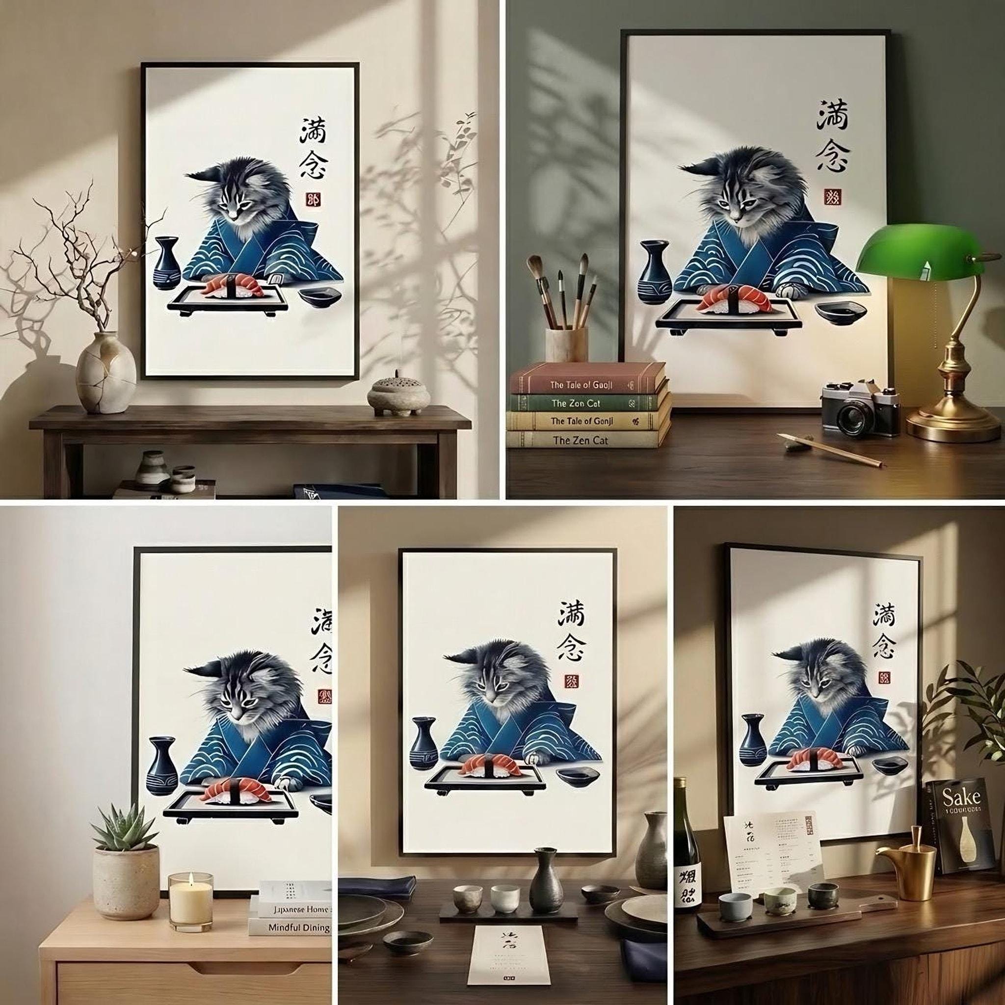 Sushi Cat Print: Kimono Maine Coon Illustration for Wall Art - Etsy