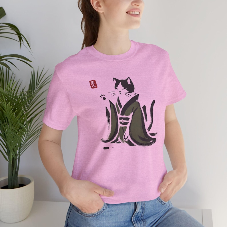 Sumi e Cat Shirt: Unisex Japanese Art Tee with Kimono Design Heather Bubble Gum