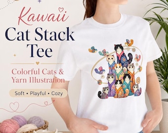 Kawaii Cat Shirt | Colorful Cat Stack Tee with Whimsical Design