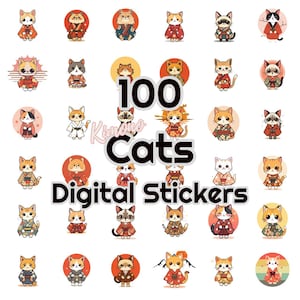 100 digitale stickers kimonokat - perfect voor Goodnotes, kattenliefhebbers en digitale planners, schattig png-stickerpakket