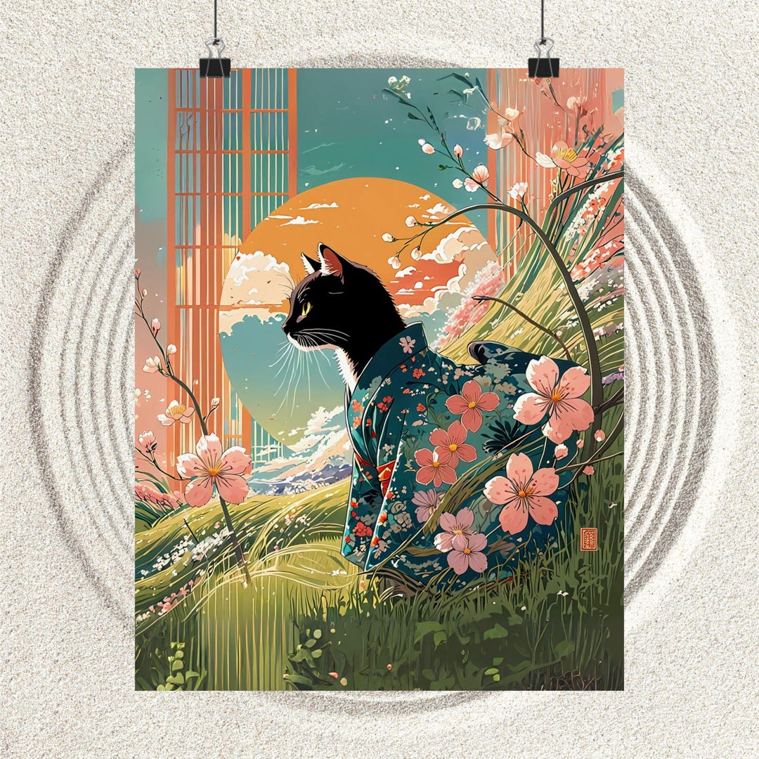 Cat Art Print Ghibli Inspired Japanese Wall Art, Vintage Wall Poster ...