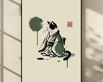 Kimono Cat Art Print: Ukiyo-e Japanese Watercolor (Digital Download)