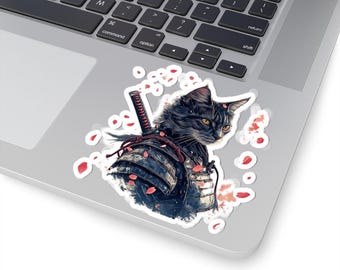 Samurai Cat Stickers, Cute Pet Decor, Laptop Sticker, Gift for Cat Lovers, Kawaii Pet Art, Unique Wall Decor
