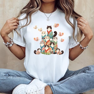 Kimono Cat Family Tee - Japanese Neko Art with Whimsical Birds, Cute Gift for Cat Lovers, Soft T-Shirt