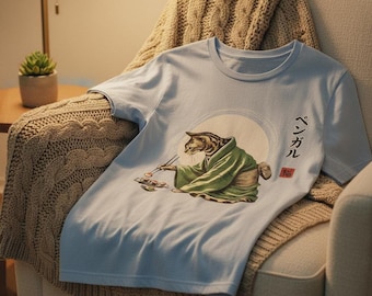 Bengal Cat T-Shirt with Sushi Design in Japanese Kimono Style