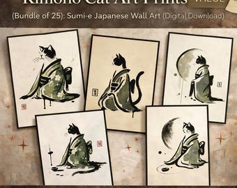 Kimono Cat Art Prints (Bundle of 25): Sumi-e Japanese Wall Art (Digital Download)