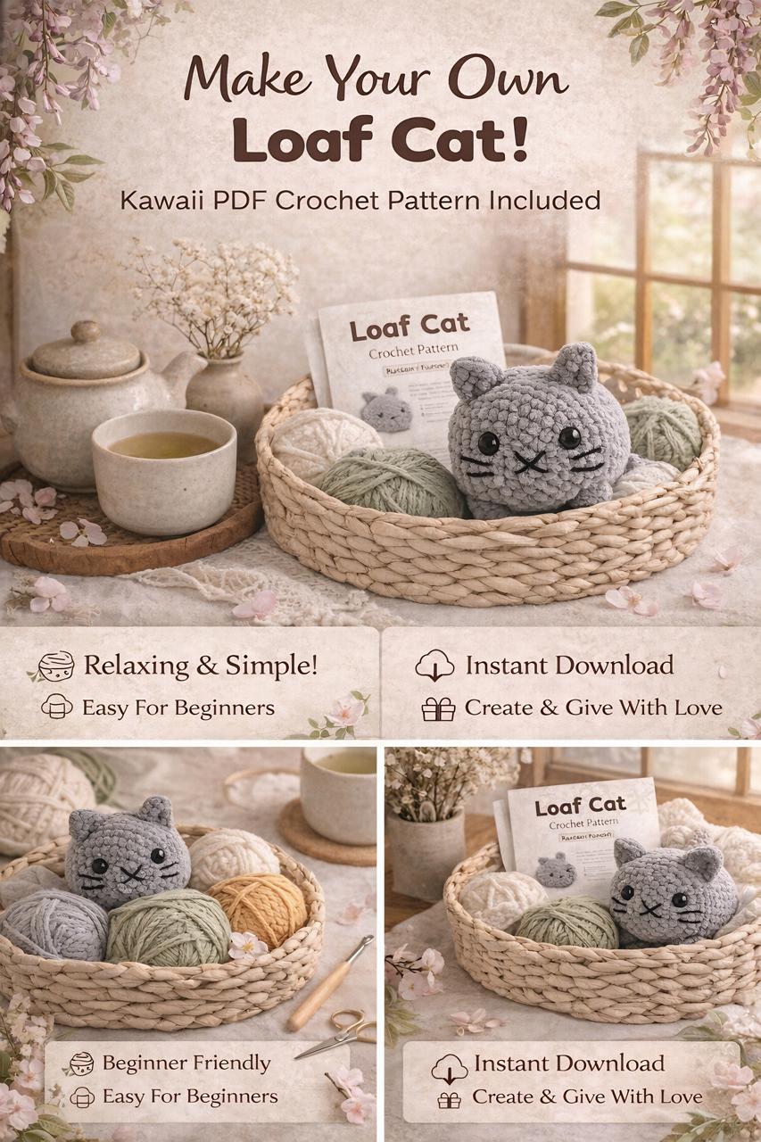 パン猫の編み図、初心者向けあみぐるみおもちゃ（PDFダウンロード
