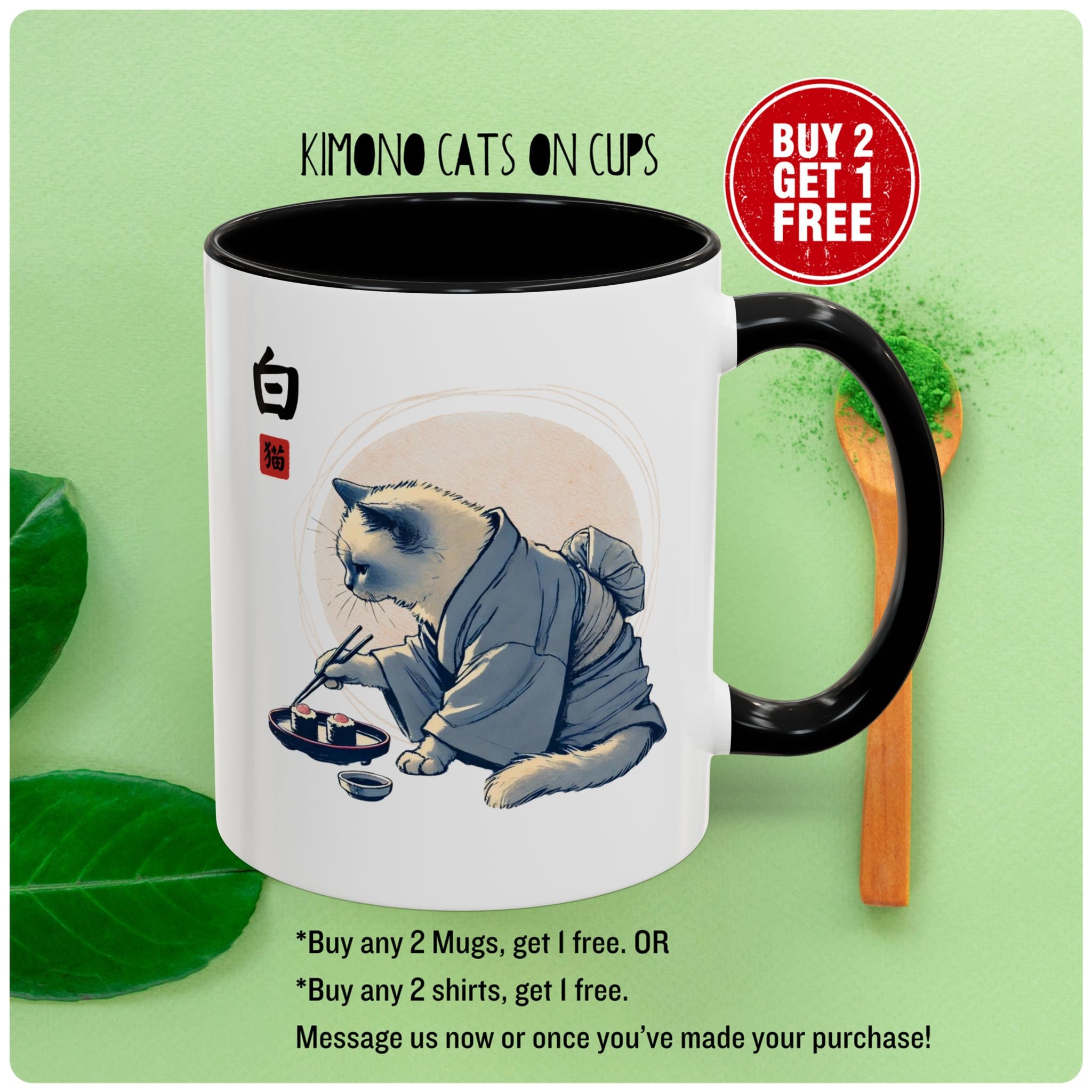 Japanese White Cat Mug -  Kimono Cat Eating Sushi Neko Japan Cup, Kawaii Elegance, 11, 15oz - Buy 2 get 1 FREE