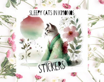 Sleepy Cats in Kimonos Sticker Sheet - , Set of 4, Japanese Cute Cats, Kawaii Anime Decals, Planner Stickers, Scrapbooking Supplies