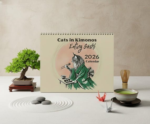 Cats in Kimonos Eating Sushi Calendar 2026: Sumi-e Art, Japanese Ukiyo-e Inspired