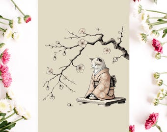 Kimono Katze Kunstdruck: Japanisches Zen Sumi-e Poster