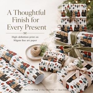 May include: Gift wrapping paper and wrapped presents featuring a repeating pattern of cats in traditional clothing. The gifts are decorated with ribbons, twine, and sprigs of greenery. The text reads "A Thoughtful Finish for Every Present."