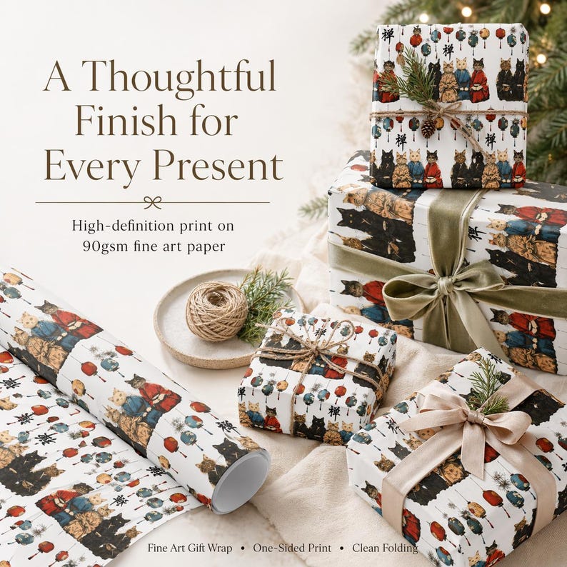 May include: Gift wrapping paper and wrapped presents featuring a repeating pattern of cats in traditional clothing. The gifts are decorated with ribbons, twine, and sprigs of greenery. The text reads "A Thoughtful Finish for Every Present."
