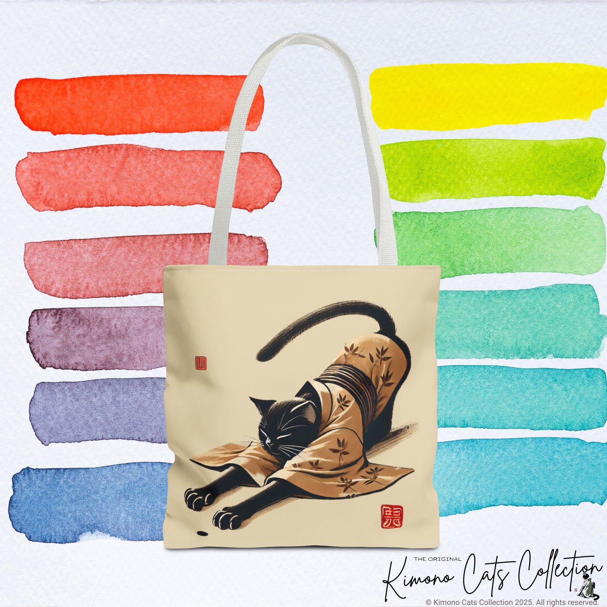 Yoga Cat Tote Bag, Stretching Black Cat Japanese Art Canvas Bag