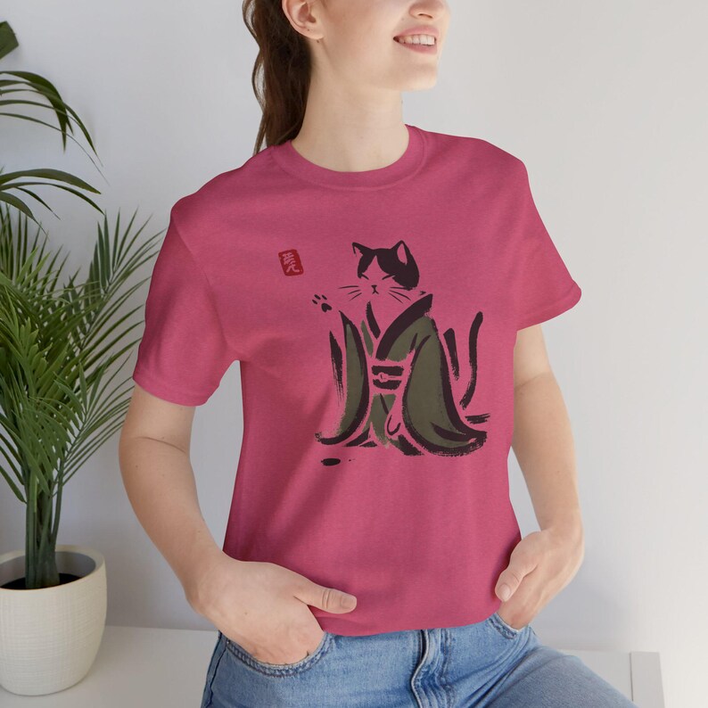 Sumi e Cat Shirt: Unisex Japanese Art Tee with Kimono Design Heather Raspberry