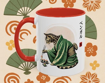 Taza de gato de Bengala: Taza de café japonesa con diseño de kimono neko y sushi